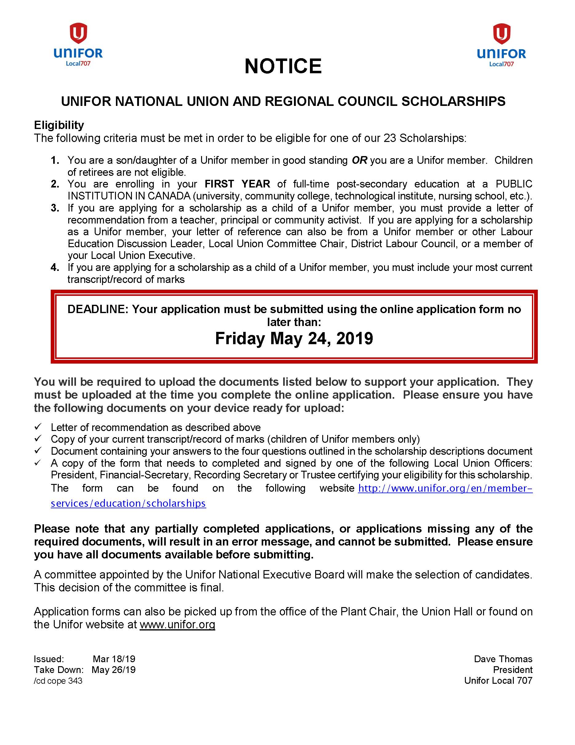 Unifor National Union and Regional Council Scholarships due Friday May 24 2019