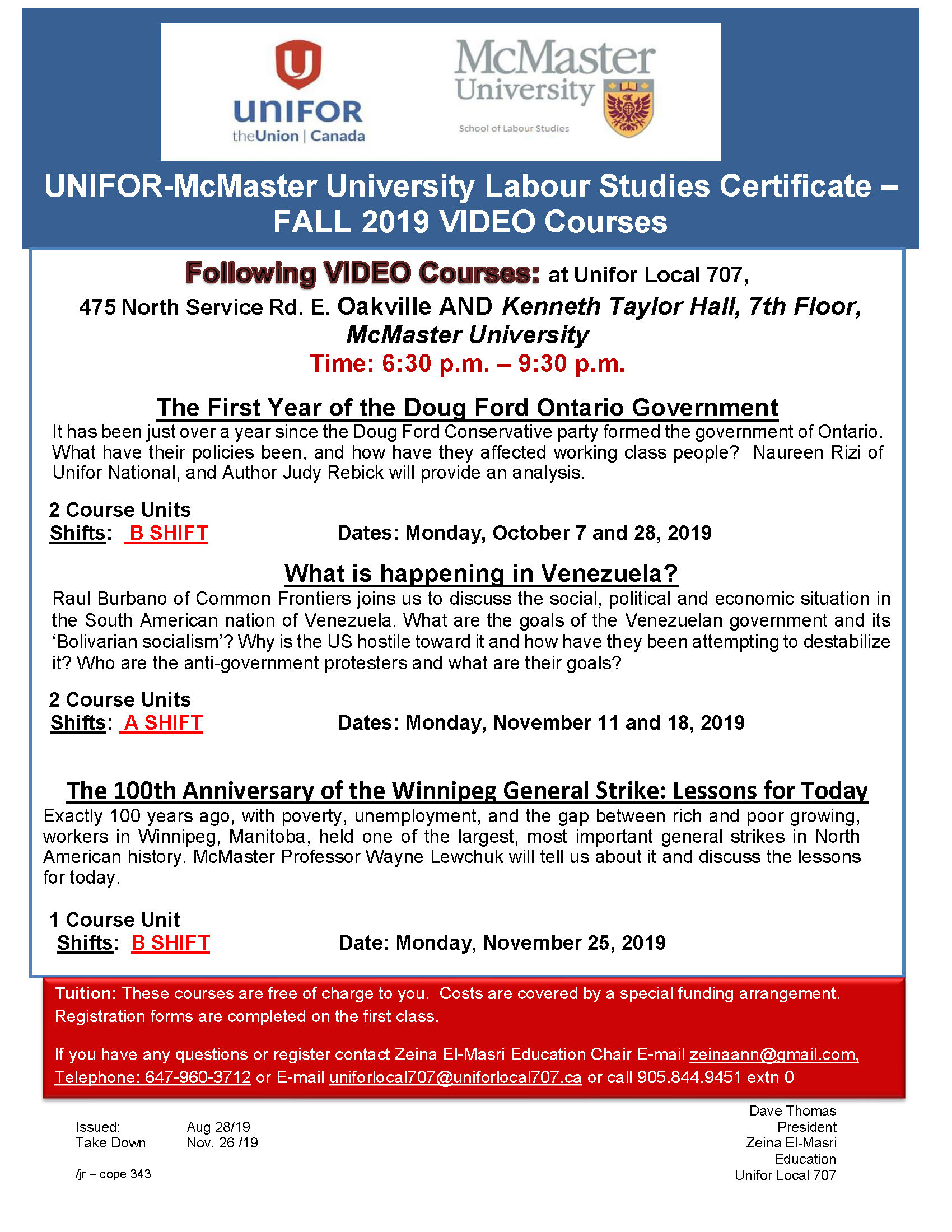 McMaster Studies Certificate FALL 2019 VIDEO Courses at Unifor Local 707