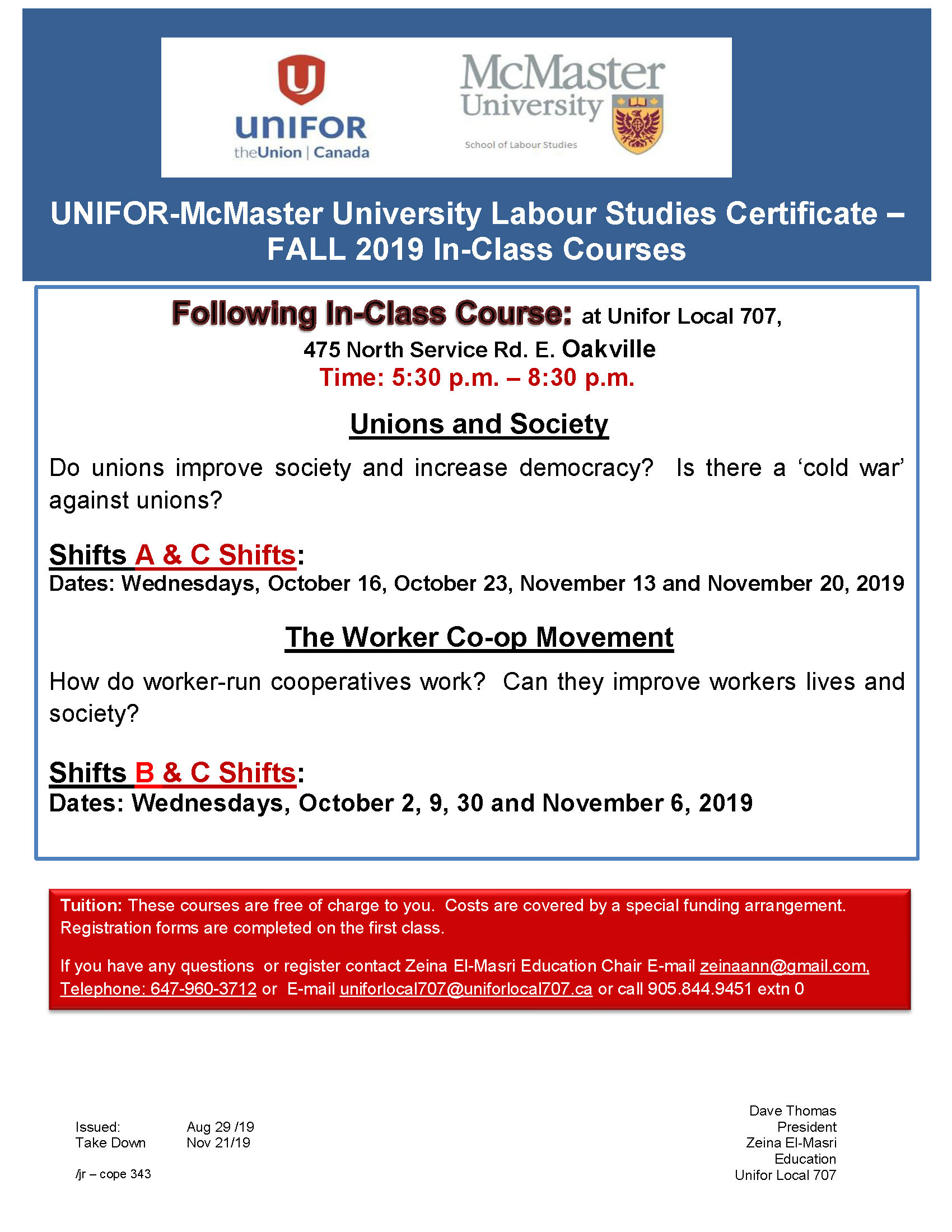 McMaster Studies Certificate Fall 2019 Course at Unifor Local 707 Hall
