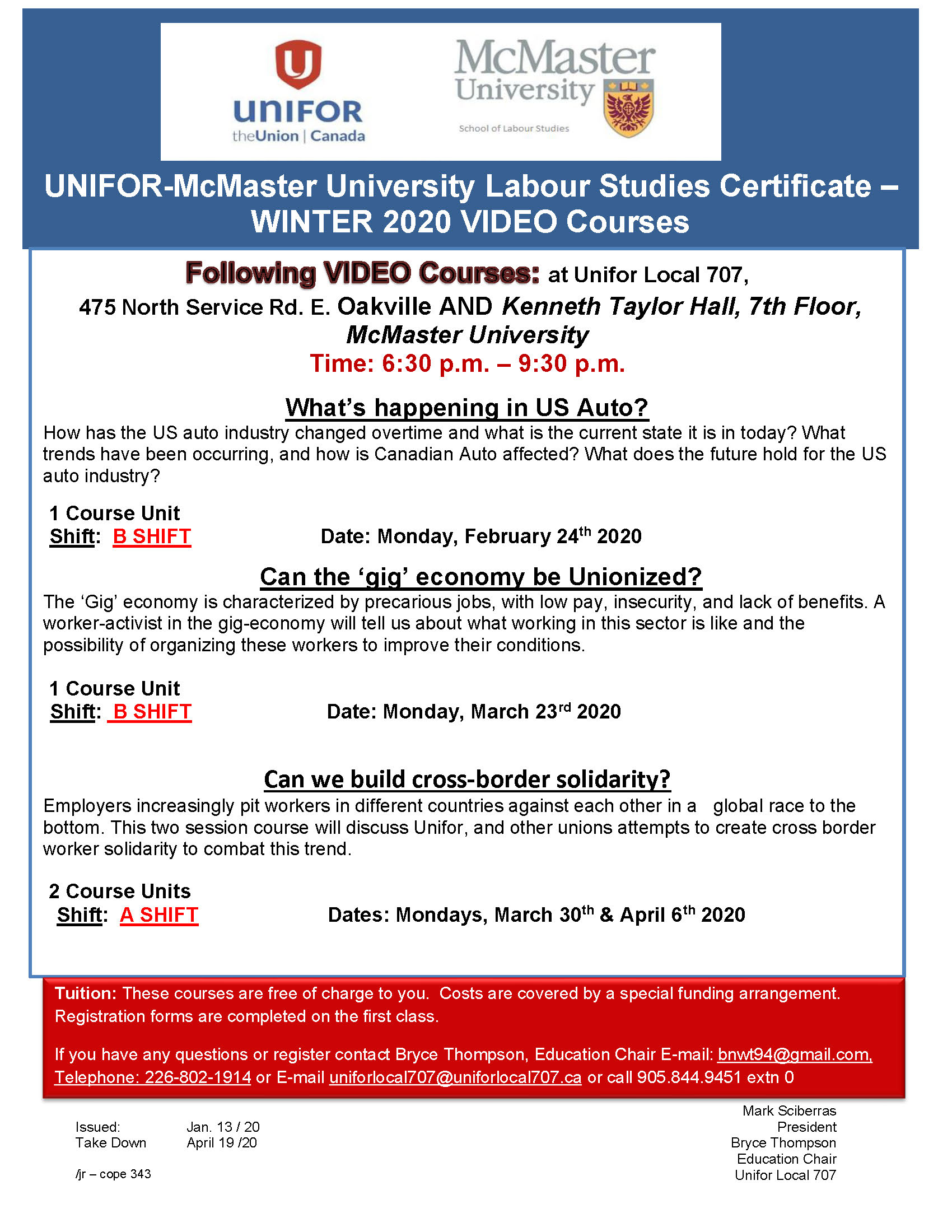 McMaster Studies Certificate WINTER 2020 Video Courses at Unifor Local 707