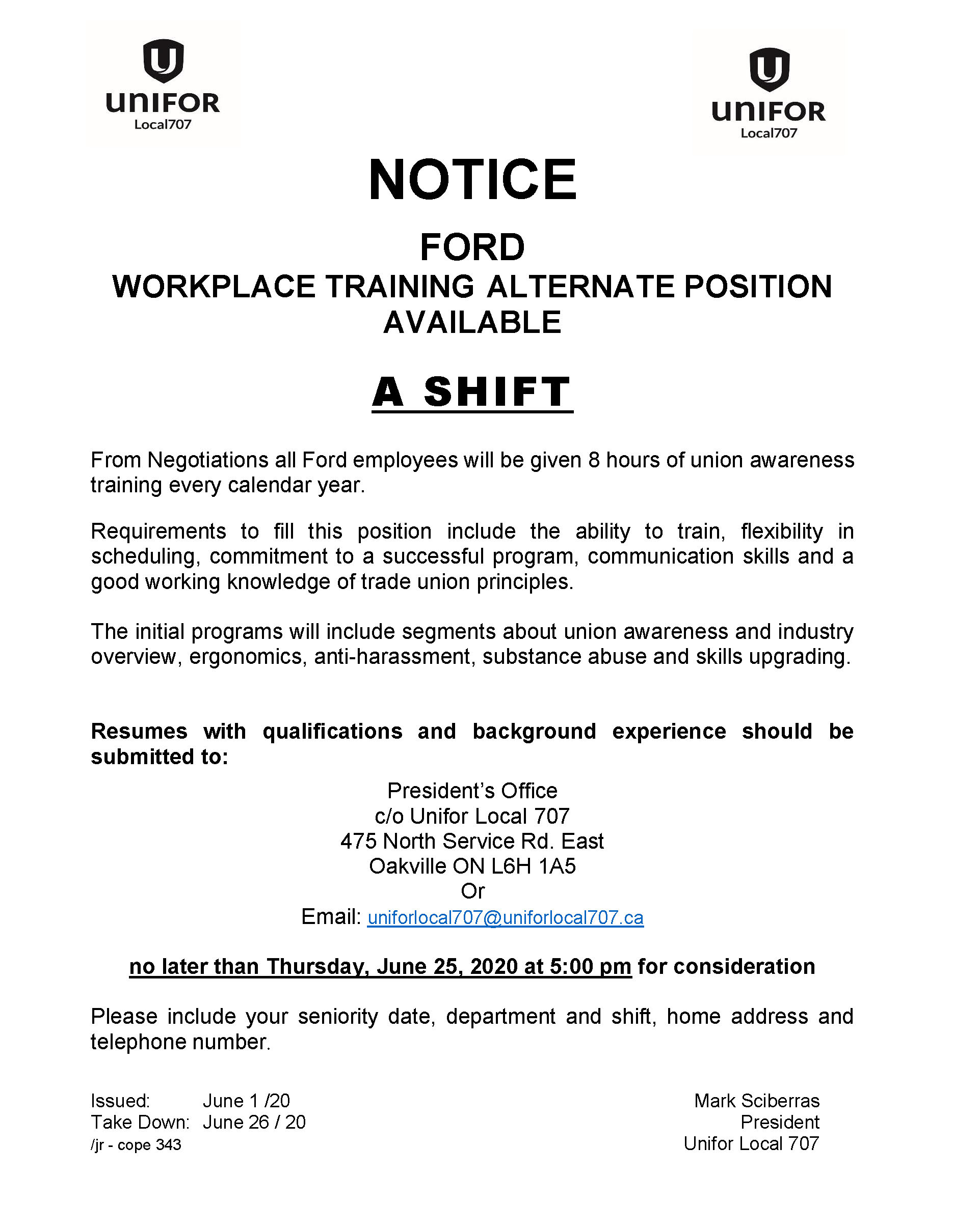 Ford Workplace Training Alternate Position A SHIFT resumes due 2020 JUNE 25