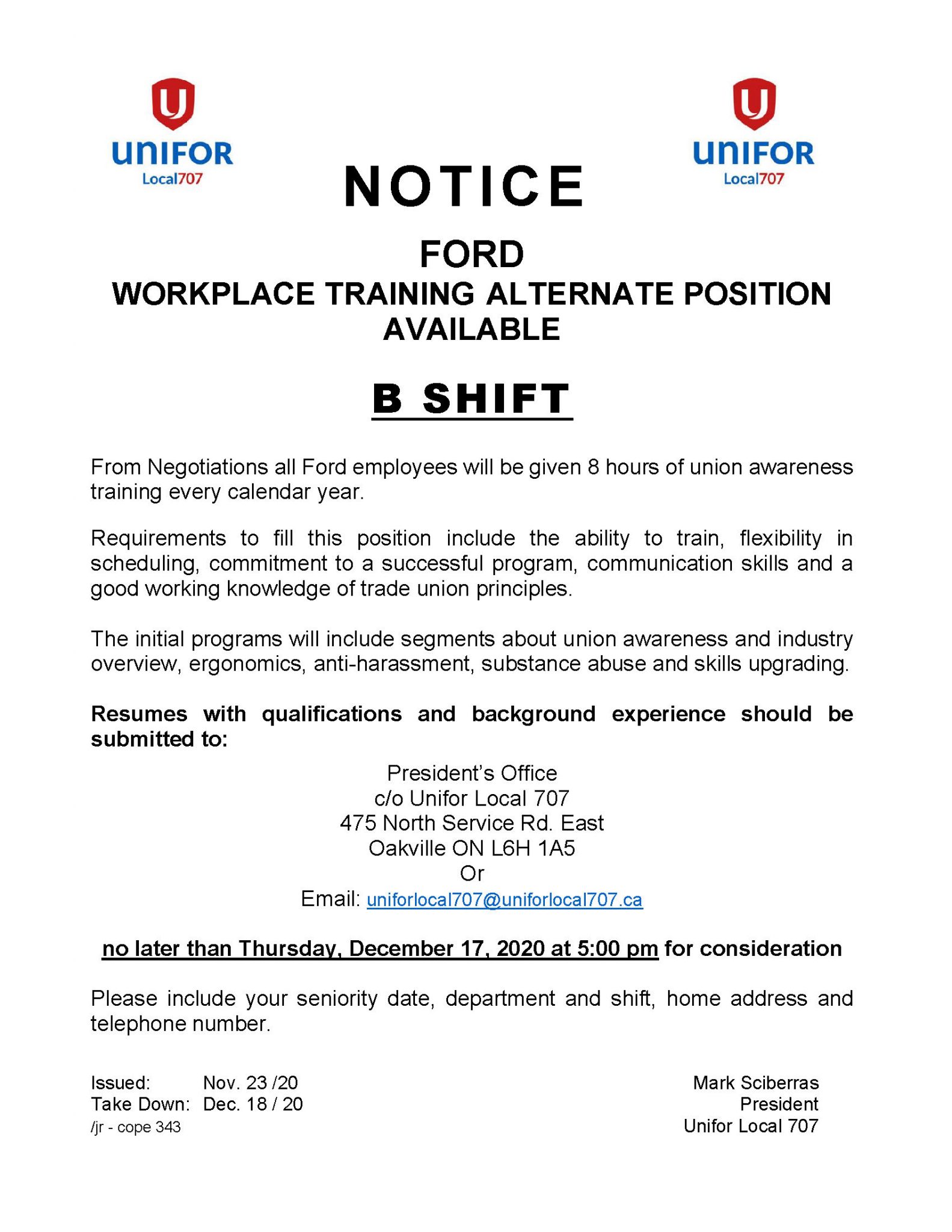 Workplace Training Alternate Position Available “B” Shift – Unifor 707