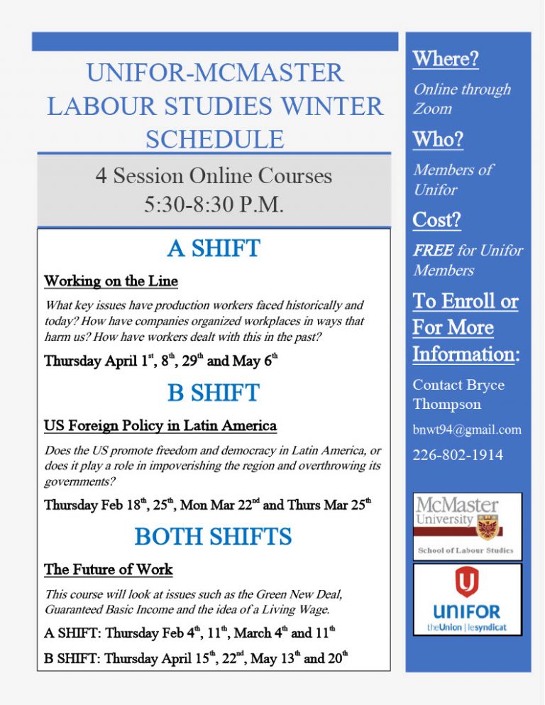 Unifor McMaster Labour Studies Courses Spring 2021 Unifor 707