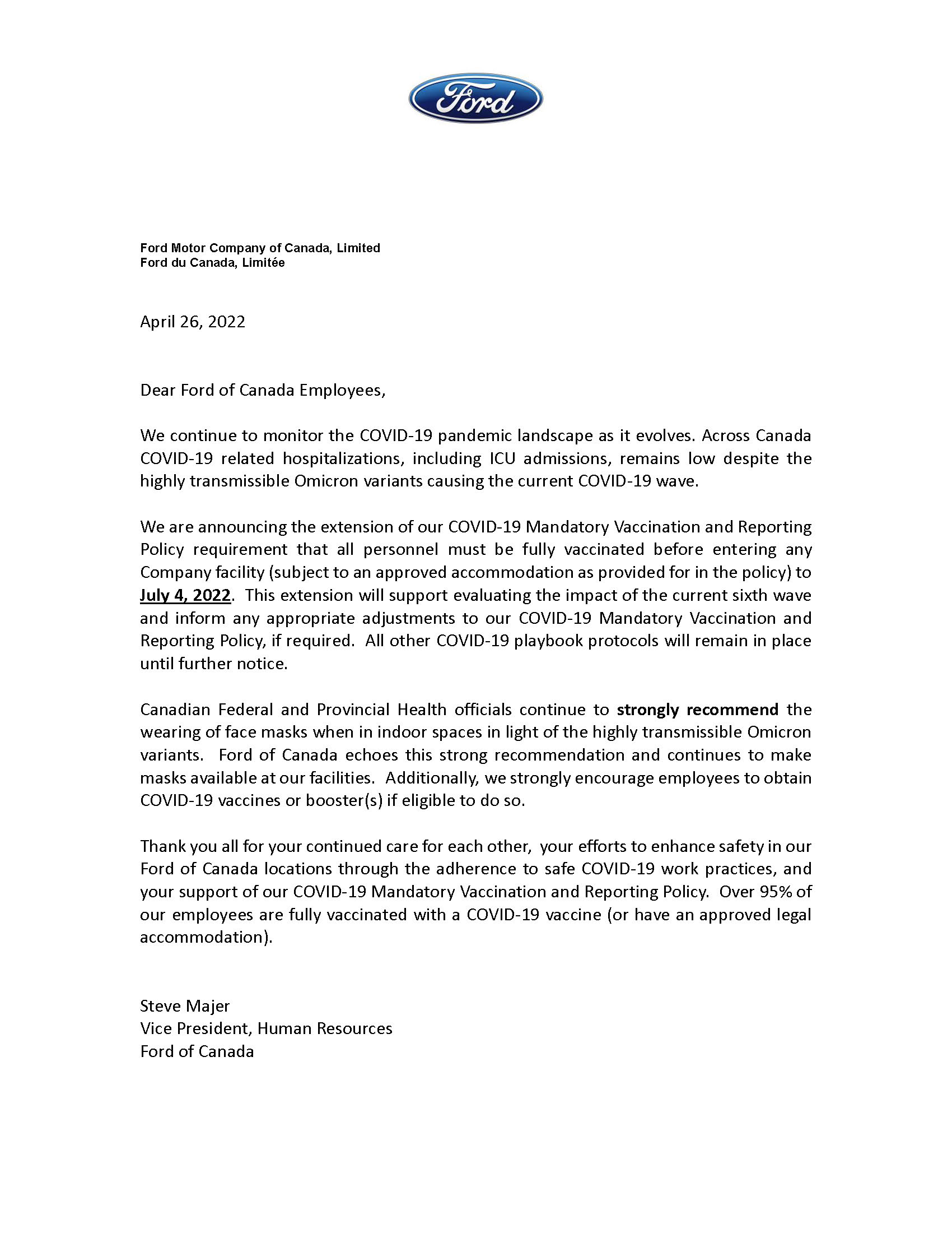 Ford Motor Company Announcement Update to their Mandatory Vaccine