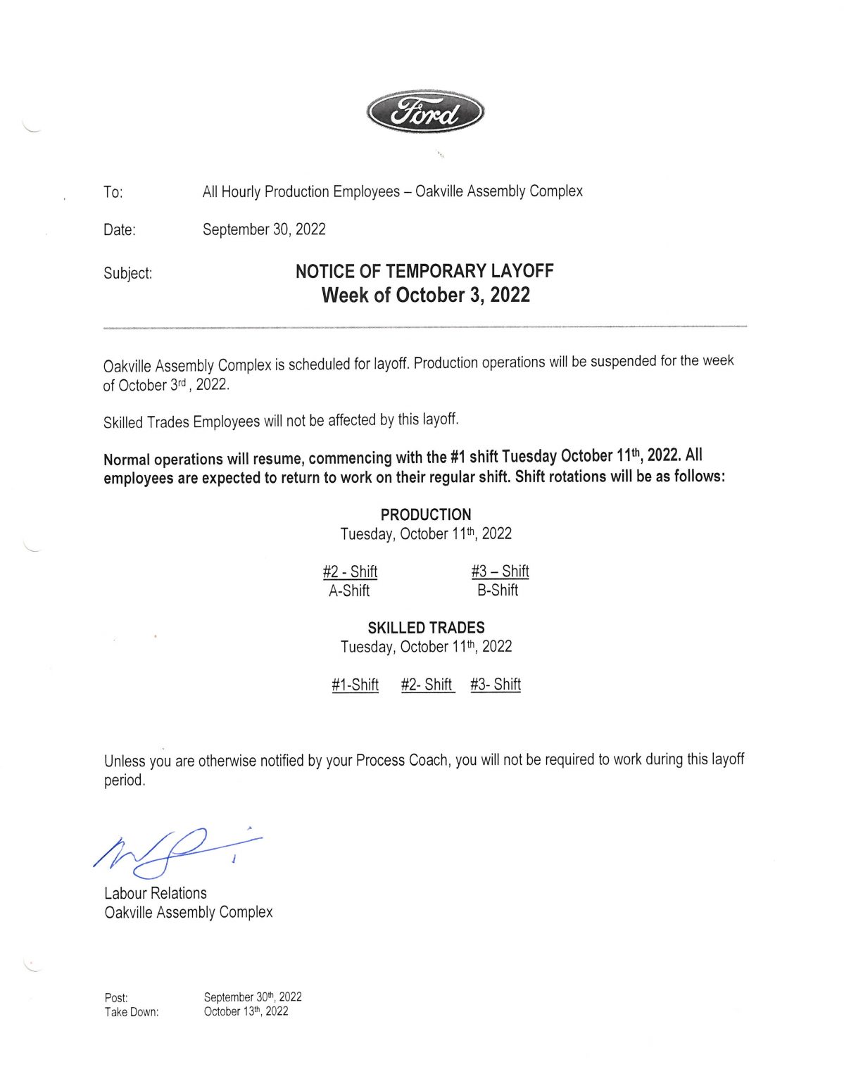 Presidents Message Temporary Production Lay off Monday October 3rd Presidents message temporary production lay off monday october 3rd