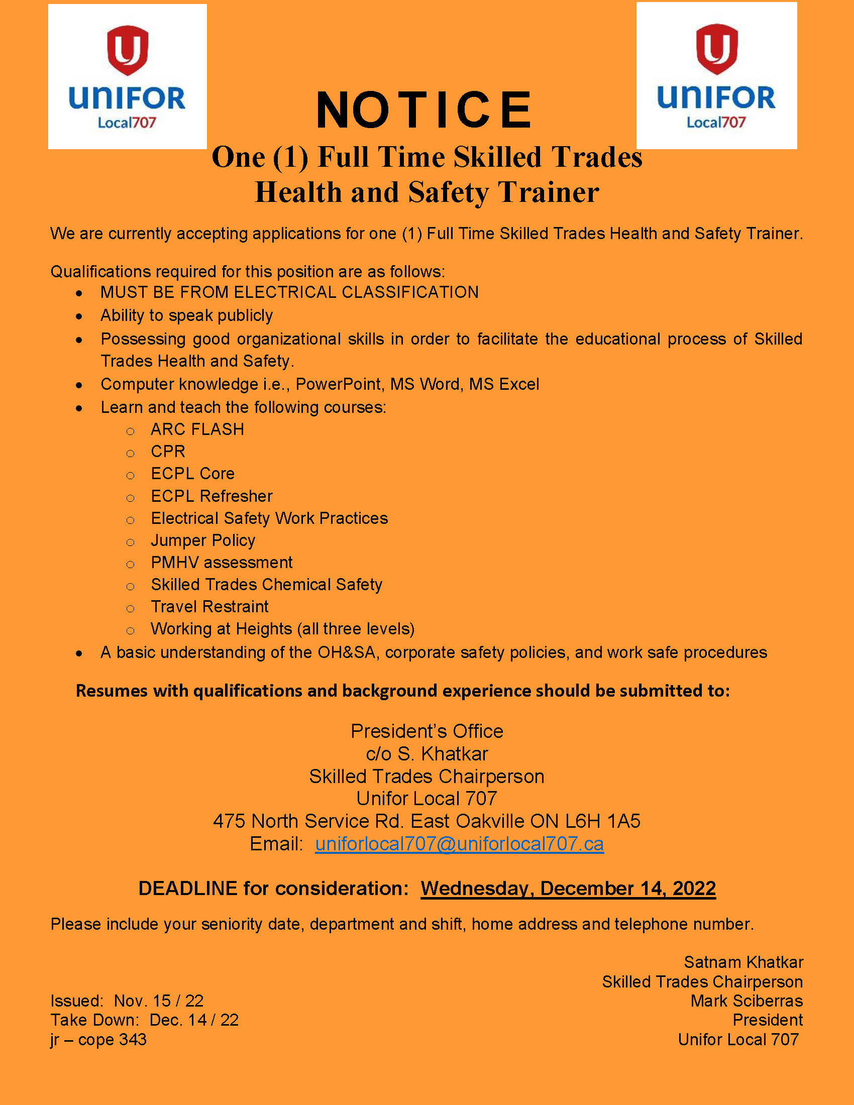 Skilled Trades Health and Safety Trainer opportunity Unifor 707