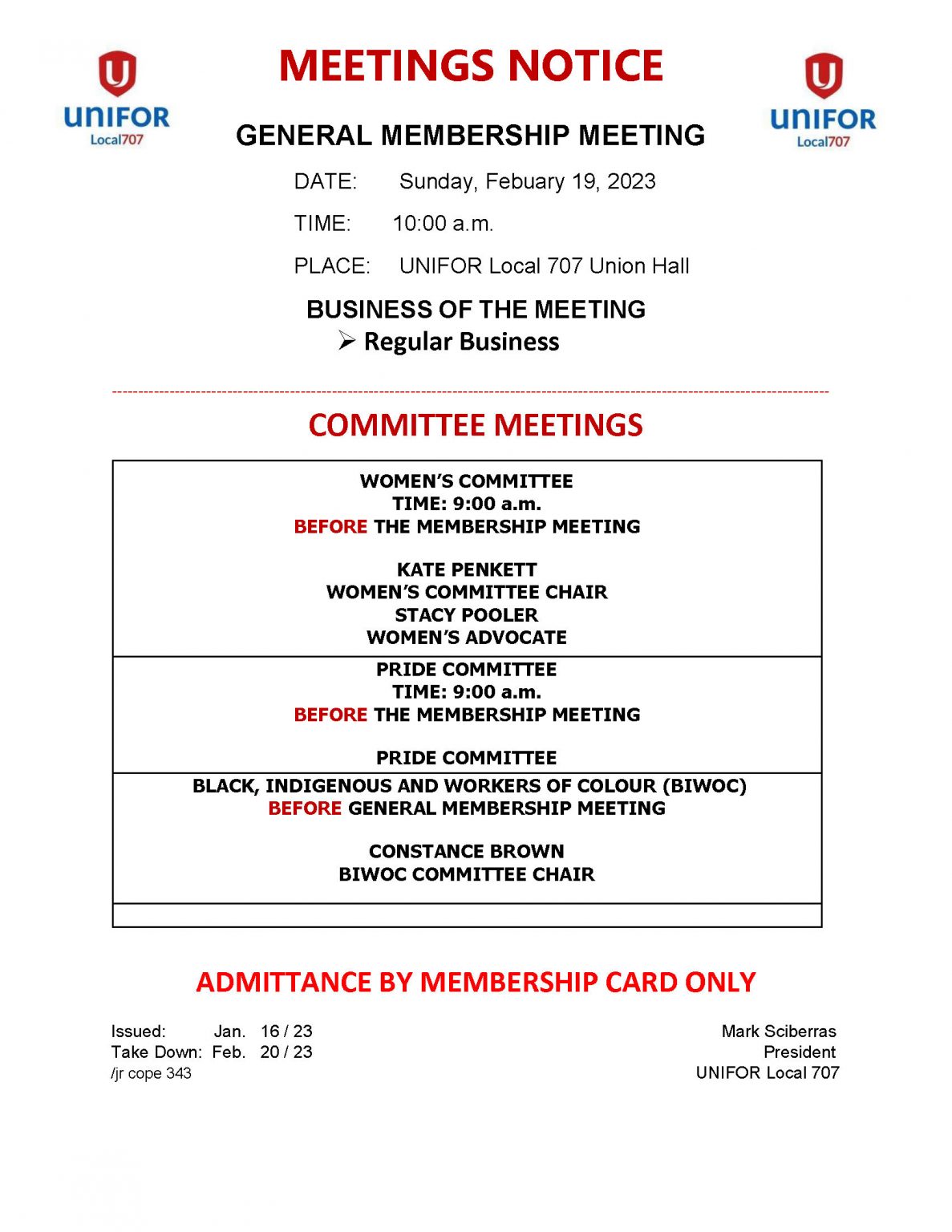 General membership february 19 2023 meeting notice unifor 707
