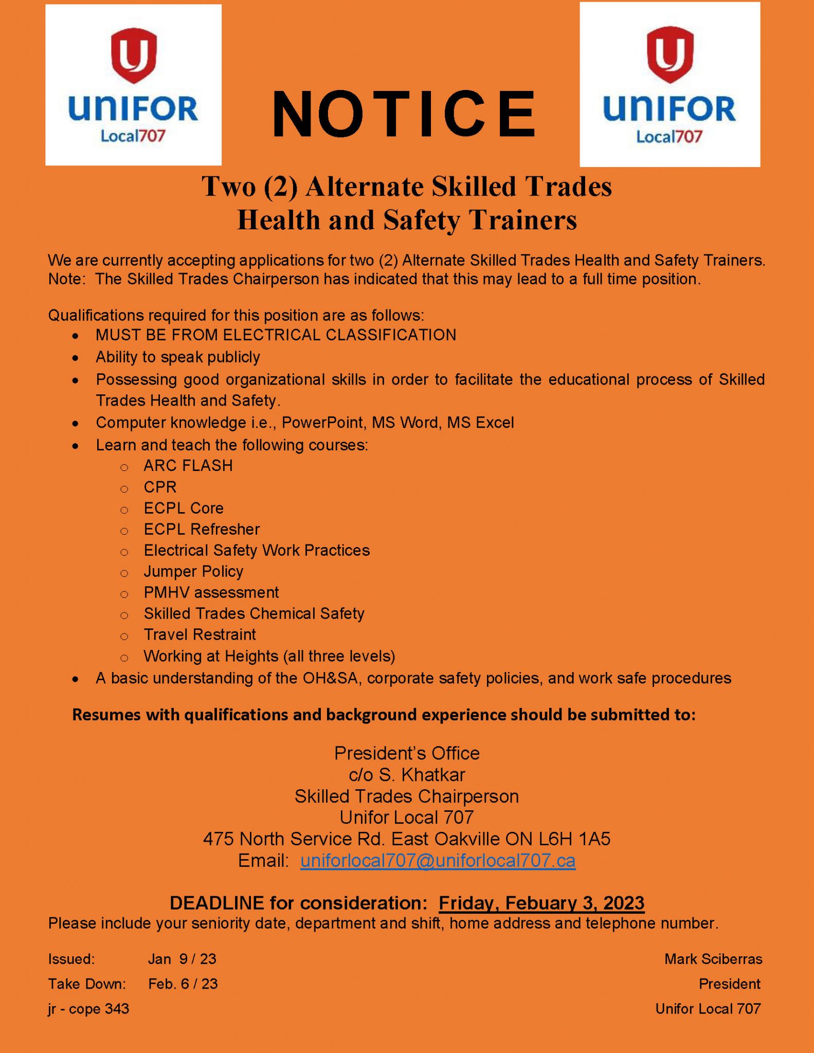 Two (2) Alternate Skilled Trades Health and Safety Trainers – Unifor 707