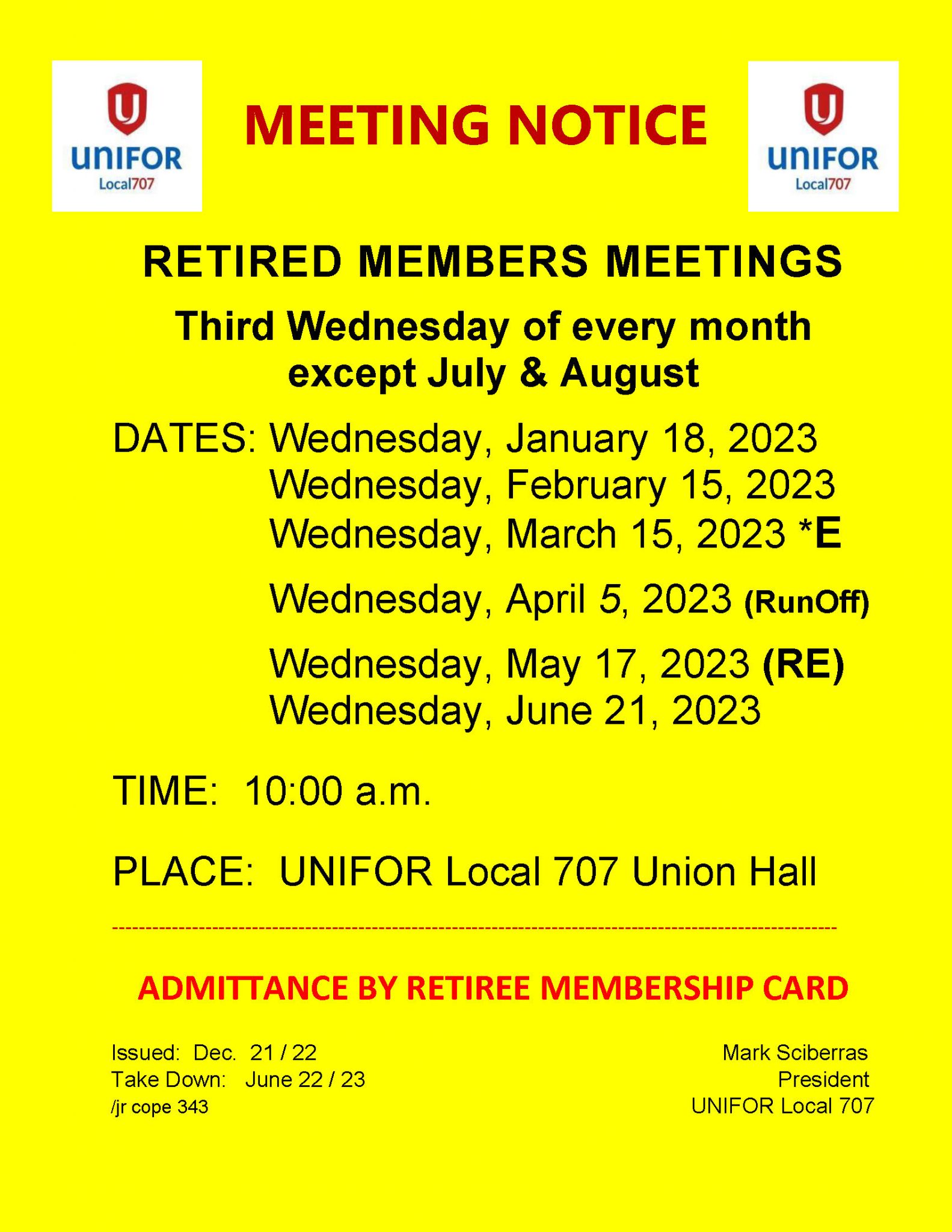 Retired Members Meetings – January – June 2023 – Unifor 707