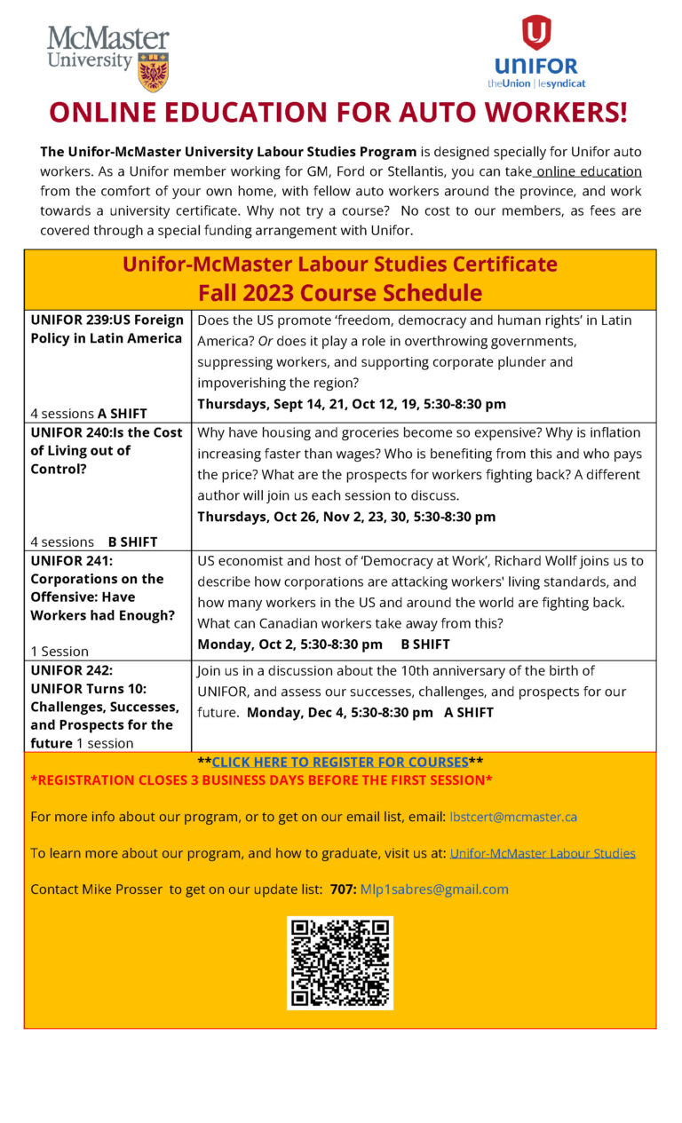 McMaster Labour Studies Fall 2023 Courses and Dates Unifor 707