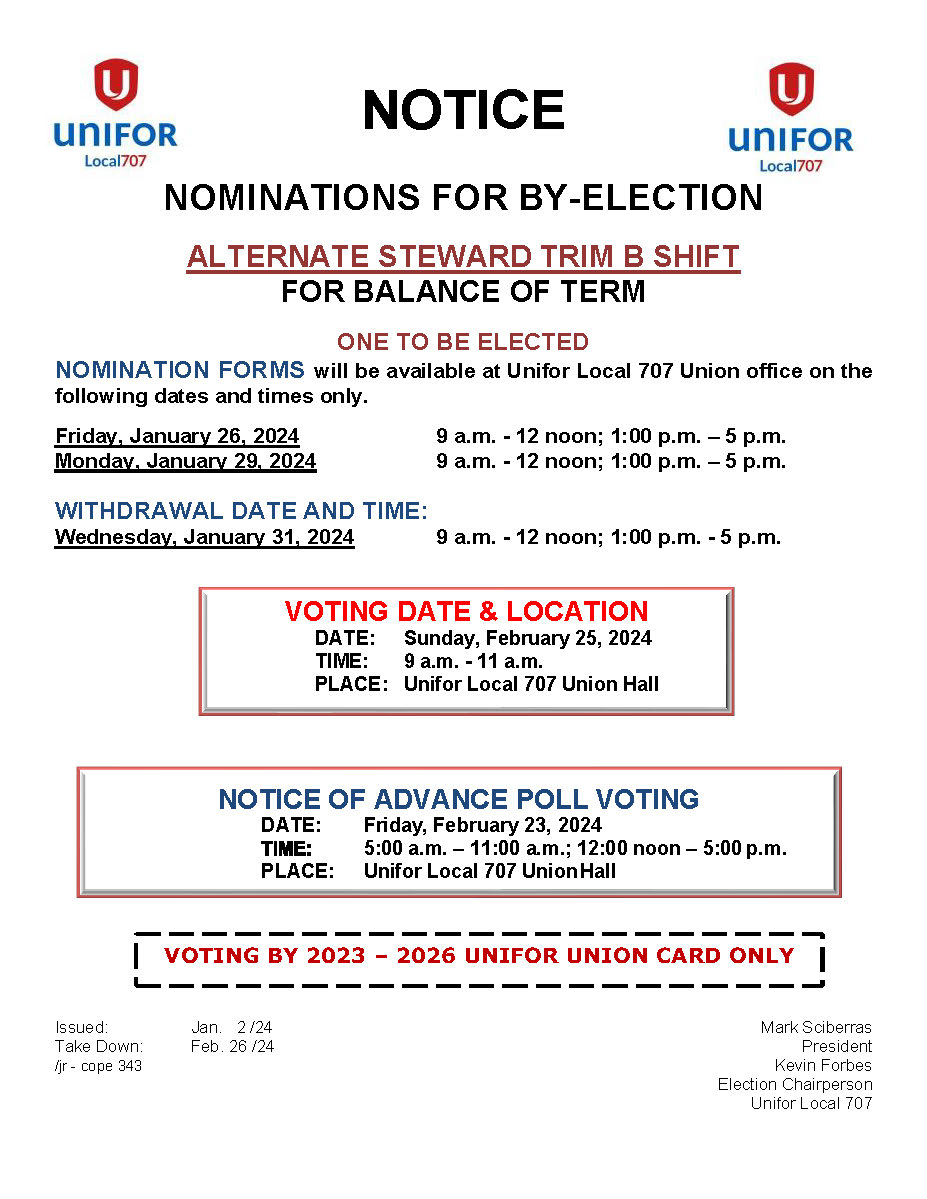 Notice Of By Election Unifor 707 0193