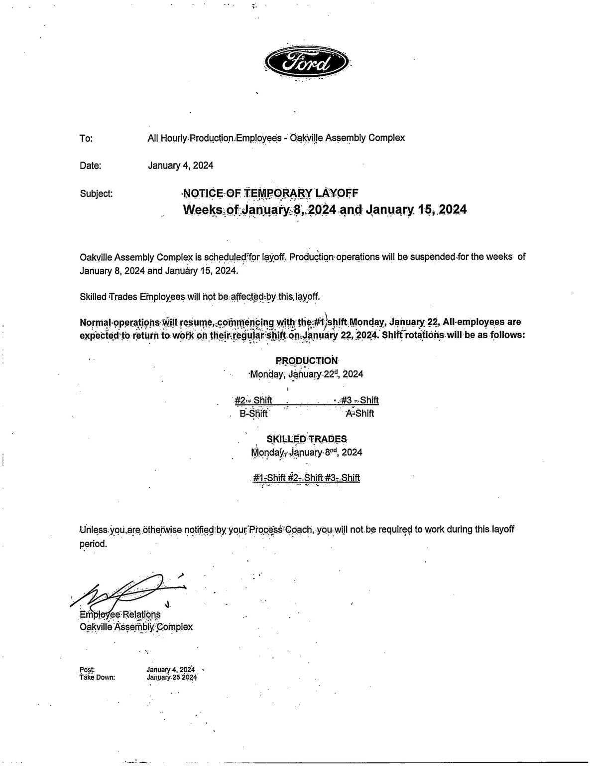 Presidents Message Temporary Production Lay Off Beginning Monday   2024 January 8th Notice Of Temporary Layoff 2024 01 04 18 47 38 1187x1536 