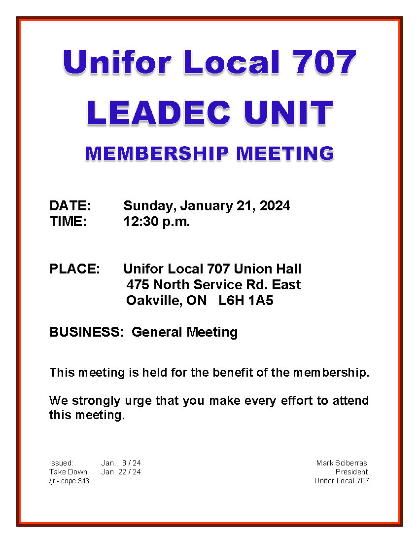 General Membership Meeting – January 21, 2024 – Unifor 707