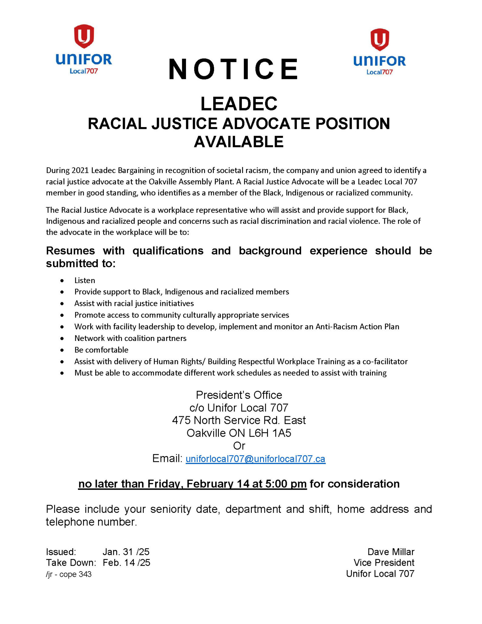 Leadec Unit- Racial Justice Advocate Position Available – Unifor 707